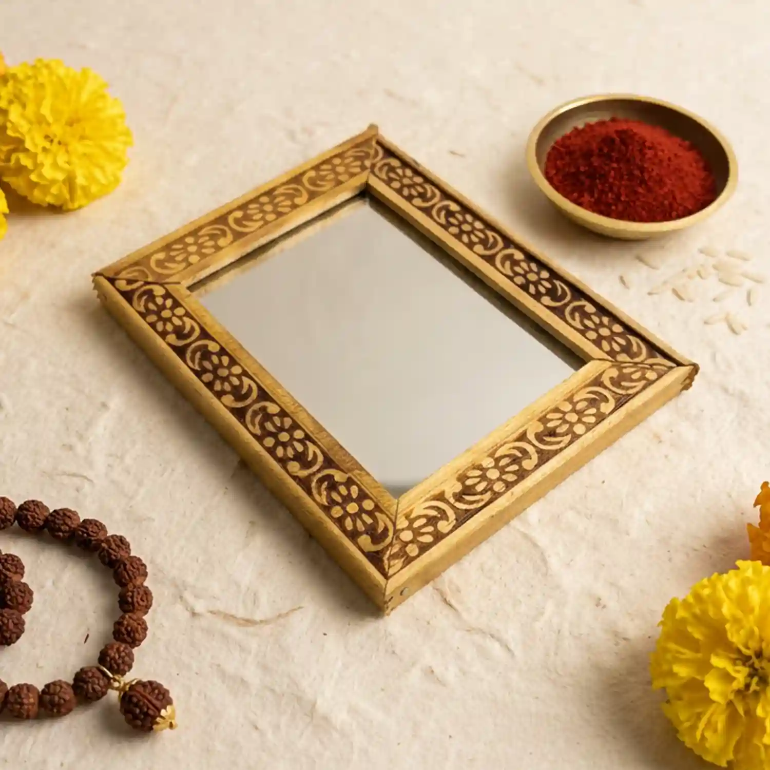 Designer Wooden Frame Darpan | Sacred Ritual Mirror 